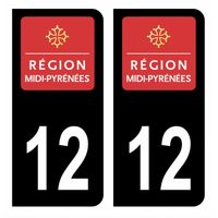 Autocollant Stickers plaque d'immatriculation voiture département 12 Aveyron Logo Ancienne Région Midi-Pyrénées Noir Couleur