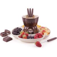 Service a Fondue au Chocolat Excelsa avec Assiettes, 8 pieces, ceramique, creme/Marron, Manche Marron, 25 x 25 x 12 cm