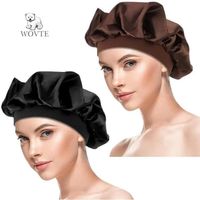 2Pcs Bonnets de nuit en satin, WOVTE Bonnet de cheveux en soie avec bande élastique bonnet de sommeil pour cheveux bouclés