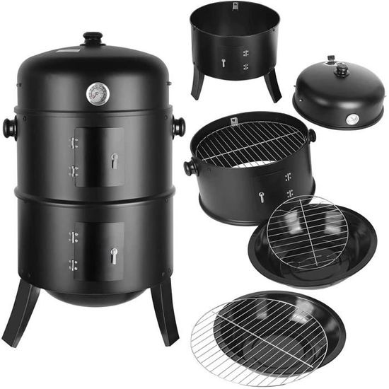 Barbecue Fumoir 3 En 1 Charbon De Bois - Avec Thermomètre, Bac à Eau, 2 Grilles Et 4 Crochets - Pour Smoking, Grillade, Cuisson