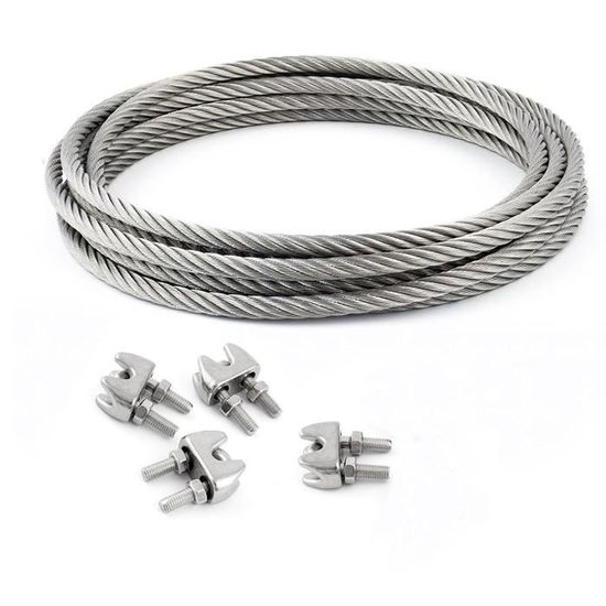 SET 30m cable 4mm acier inox cordage torons: 7x19 + 2 serre-câbles étrie +  2 cosse coeur - beaucoup de tailles disponibles - Cdiscount Bricolage