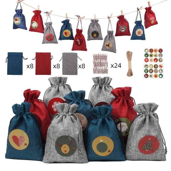 1-24 calendrier de l'avent sac cadeau compte à rebours jusqu'à Noël coton  lin sac à bonbons kit de bricolage 