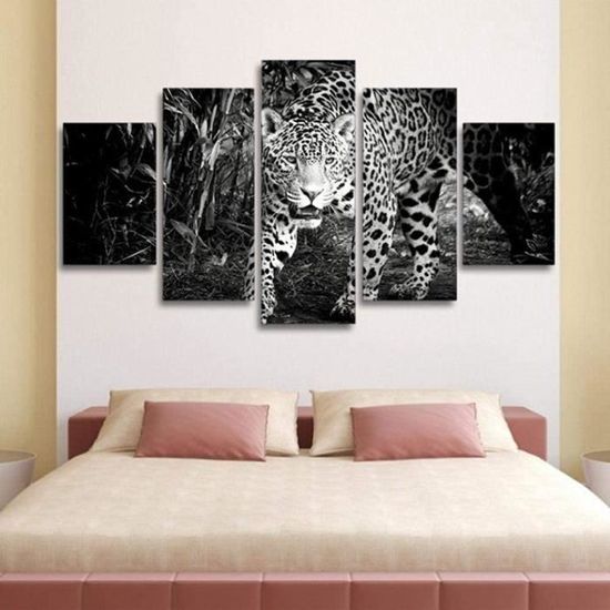 Décoration Murale Photoss 5 pièces forêt Animal Noir Blanc léopard sur Toile avec Cadre 100x50cm A1977