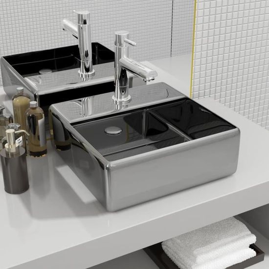 7384934© Design Rétro Scandinave Lavabo à poser, Vasque pour salle de bain, avec trou pour robinet 38x30x11,5 cm Céramique Argenté