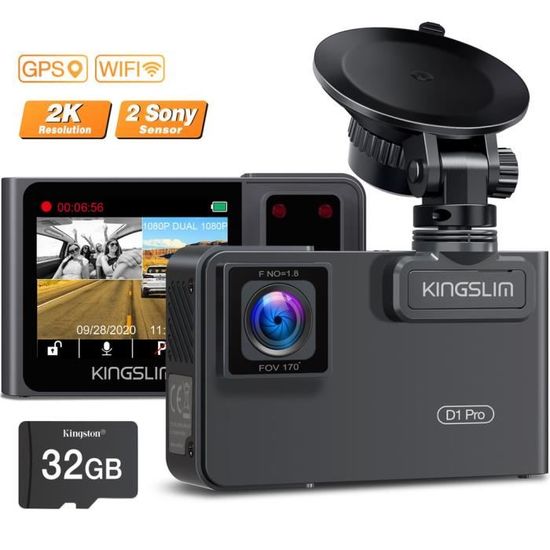 Caméra Voiture Kingslim D1 Pro 2K Dual Dashcam-GPS WIFI-340°FOV-Carte SD 32Go Incluse-Max à 128GO