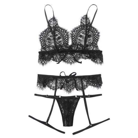 Set Lingerie Sexy Noire - Soutien-Gorge + String + Jarretière - Dentelle Polyester