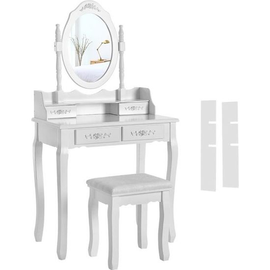 Coiffeuse - OOBEST - 75x40x145CM - 4 Tiroirs - Blanc - Pin - Miroir Ovale - Table de Maquillage