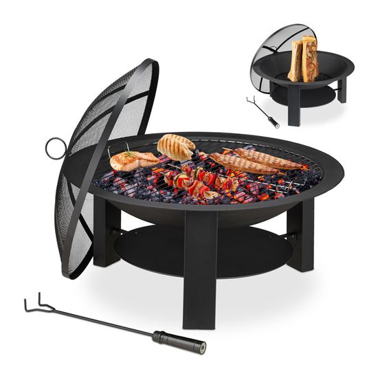 Brasero De Jardin En Fonte Noir Relaxdays - H 113 Cm, Avec Pare-étincelles, Tisonnier Et Couvercle Anti-pluie