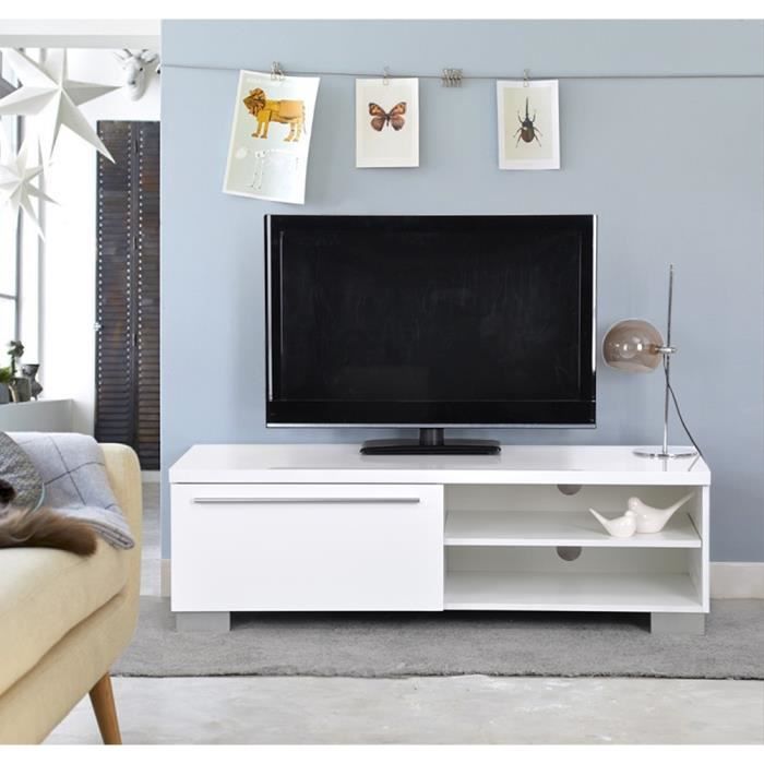 Meuble TV 120x37x45cm Blanc Laqué 1 Tiroir