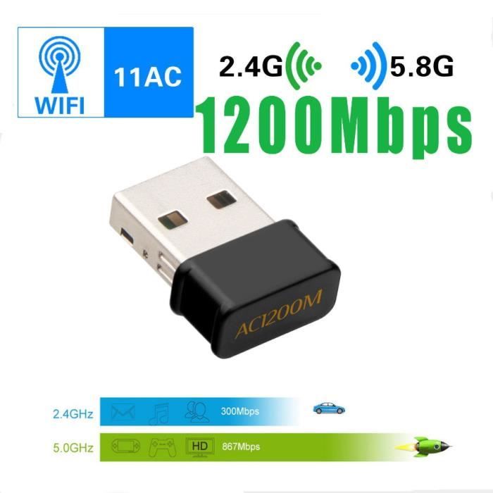 Mini USB WiFi Adaptateur 1200Mbps Clé WiFi Dongle AC Dual Band, WiFi Wireless Adaptateur Compatible avec Windows 7/8/8.1/10 / Mac OS