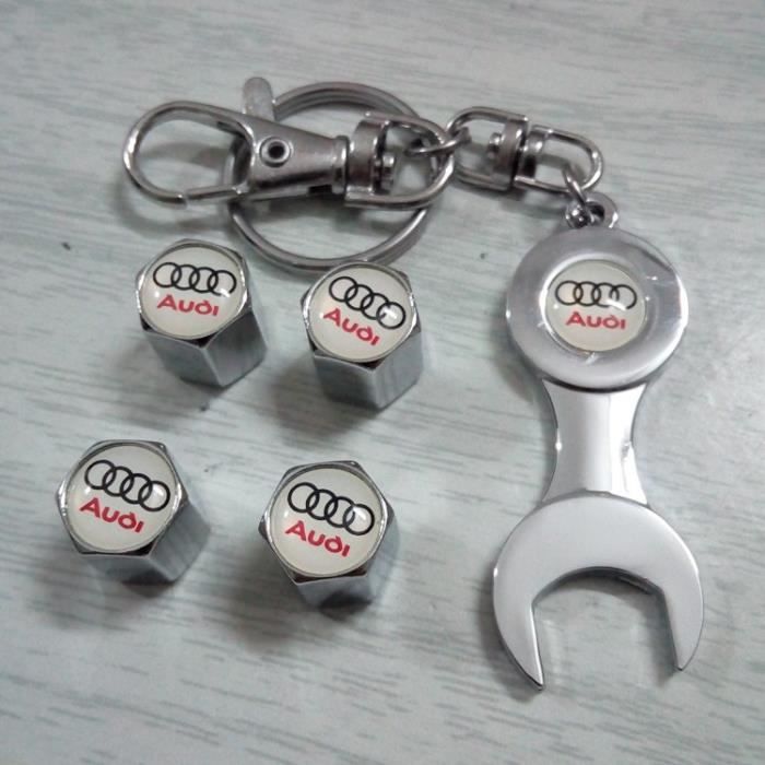 4*Bouchon de valves + Porte-clés ( Chrome ) Blanc logo pour Audi