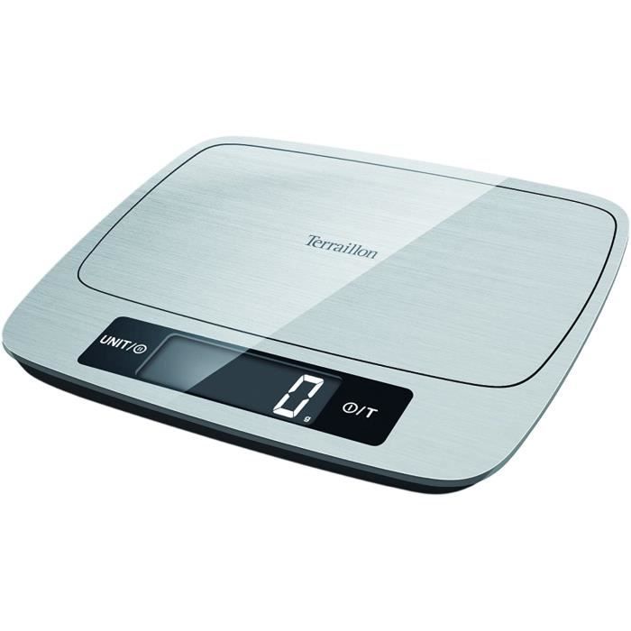Terraillon Balance de Cuisine, Tare, Conversions Liquides, Revêtement Anti-Trace, Fonction Pause, Portée 15 kg, MyCook 15, Inox