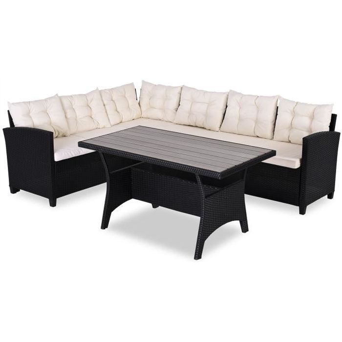 Salon de jardin lounge en polyrotin noir crème 6 personnes Canapé d'angle avec table Mobilier de jardin extérieur