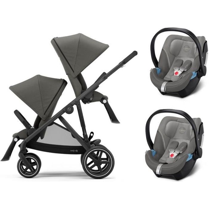 CYBEX Gazelle S Jumeaux - Poussette (6+) avec deux siège auto - Pliage compact - châssis noir - Gris