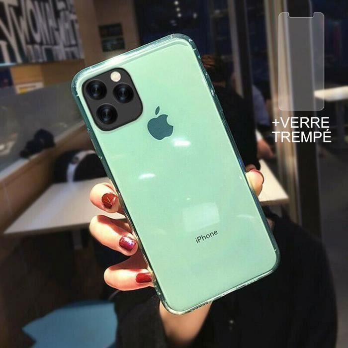 Coque iPhone 12 Mini + Verre trempé Protection écran,Souple Silicone étui Protecteur Bumper Clair Vert