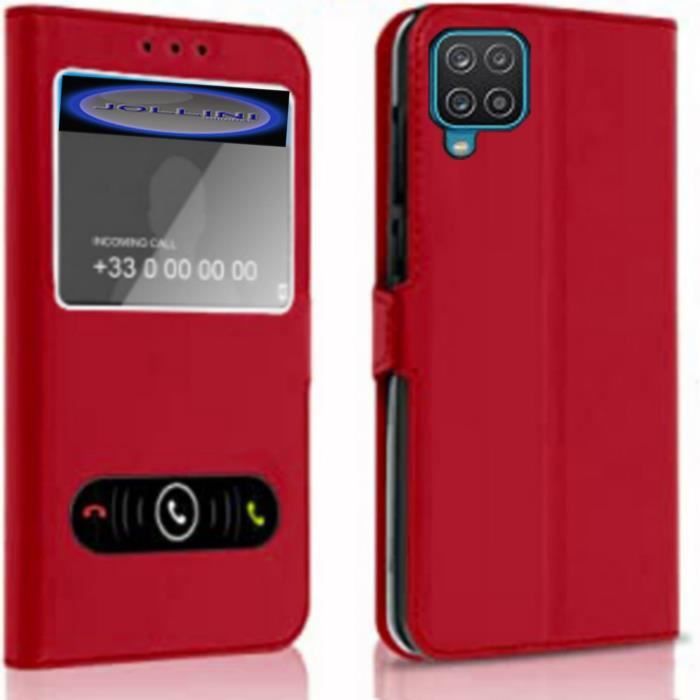 Coque pour Samsung Galaxy A12, Housse double fenêtres Etui pour Samsung Galaxy A12 - Décrochage rapide - Rouge