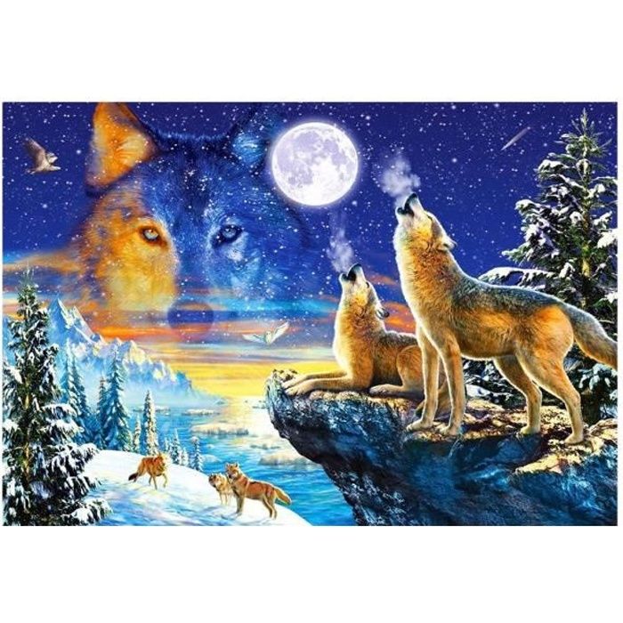 Puzzle Adulte Hurlement des Loups Lors d'Une Nuit De Pleine Lune - 1000 Pieces - Collection Paysage Animaux Sauvages - Foret