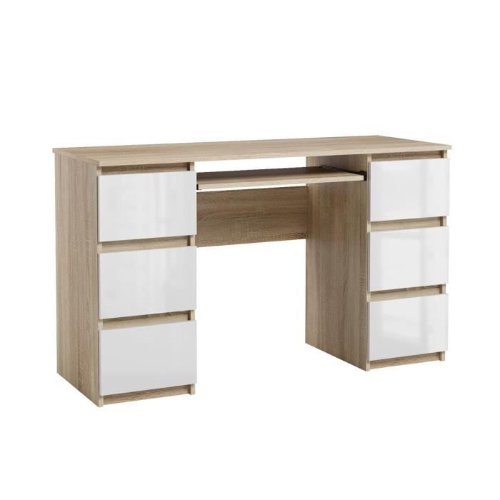 Bureau d'ordinateur élégant 3 tiroirs bureau informatique JARIS chêne sonoma et blanc brillant 130 cm