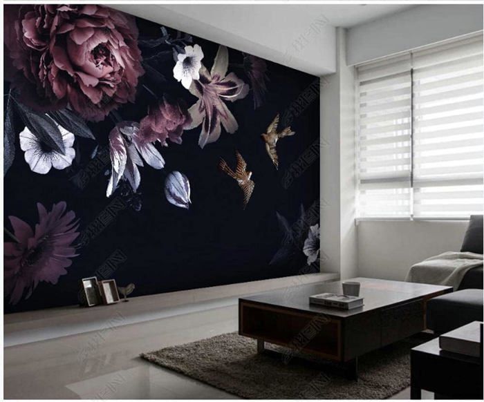 Papier Peint Panoramique 3D Mur De Fond Chambre Coucher Art Fleurs Noir ...