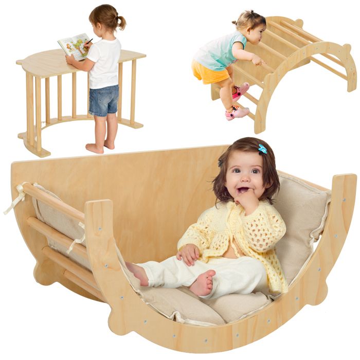 Arche descalade 3 en 1 - AIYAPLAY - fauteuil à bascule et table de jeu - coussin - en bois naturel enfants de 18 à 48 mois