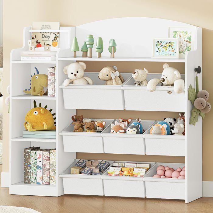 Bibliothèque pour Enfants étagère en Boisétagère à Jouets avec 8 boîtes en Non-tissé pour Chambre denfantBlanc30 x 110 x 104