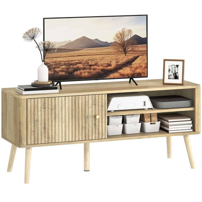 Meuble TV - HOMCOM - placard à porte compartiments ouverts et étagère réglable - pieds en pin - MDF - 115x35x49cm - chêne