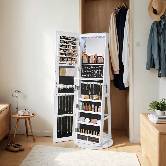 Armoire à bijoux - Miroir sans cadre - Verrouillable - LED - Pivotant 360° - Blanc