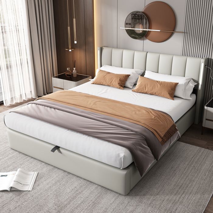 Lit Coffre LED 180x200 cm - avec USB et Tête Réglable - Merax - Lit Double King Size - en Simili Cuir Gris - Moderne Lit Coffre LED 180x200 cm - avec USB et Tête Réglable - Merax - Lit Double King Size - en Simili Cuir Gris - Moderne