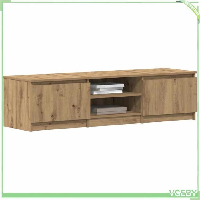 Meuble TV - Chêne artisanal - 140x40x36 cm - Bois dingénierie - 2 portes et étagères
