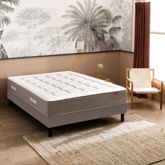 Ensemble Epeda matelas ressorts ensachés cachemire et soie Le Majestueux sommier Nature confort médium et pieds 90x190