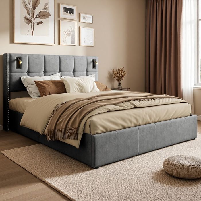 Lit Coffre 140x200 cm avec 2 Liseuses Lit Double  Rembourré avec Rangement de Hydraulique Cadre de Lit pour Adultes Velours Gris