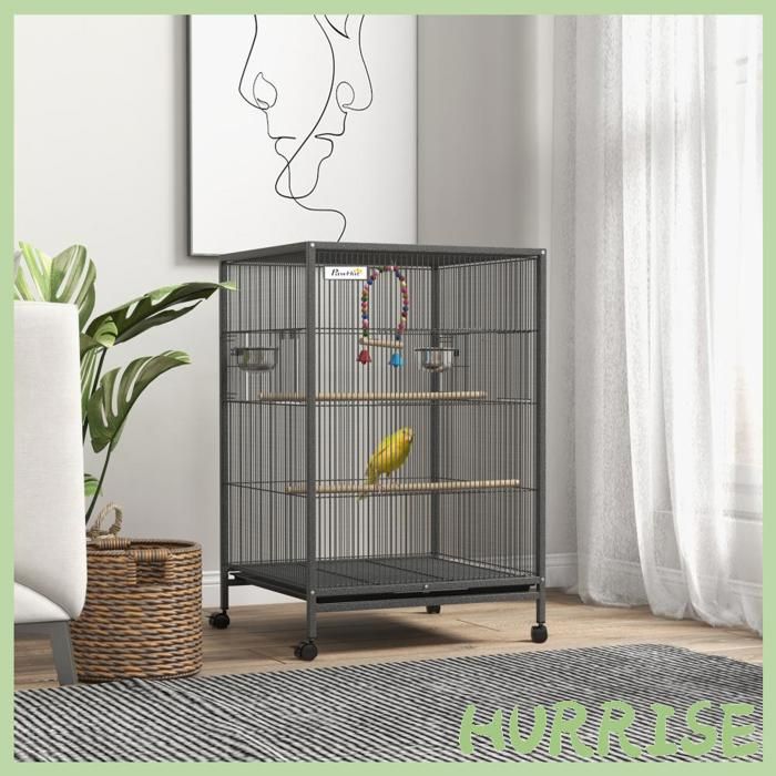 Cocosity Cage Oiseau Sur Pied Cage Sur Roulettes Avec Balançoire Perchoirs Et Plateau Coulissant 48 X 46 X 74 Cm En Acier Noir