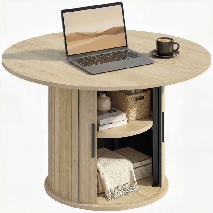 Table basse - HOMCOM - ronde - porte coulissante à lattes 2 étagères - bois - Ø 80 x 50 cm - effet bois naturel