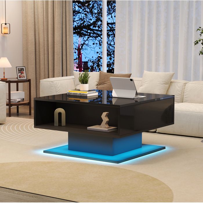 Table basse relevable noire 80 x 75 x 40 cm LED rangements surface brillante panneau de particules