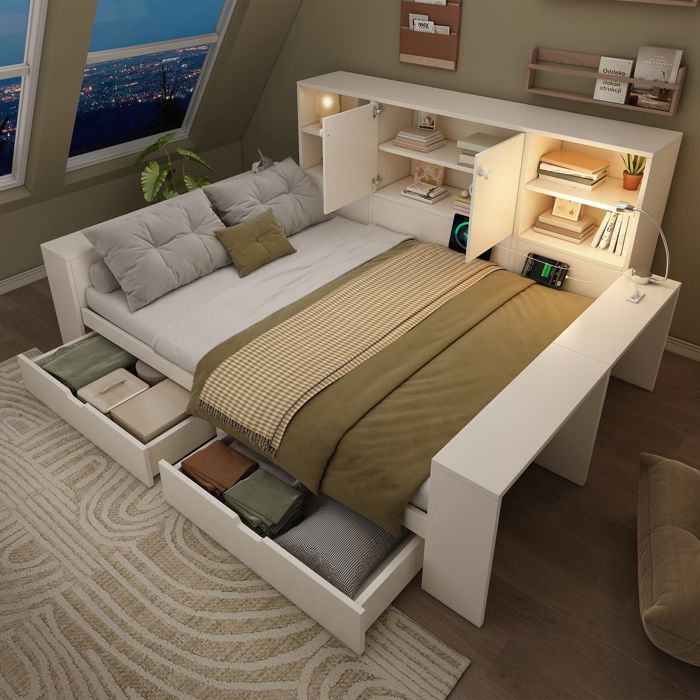 Canapé-lit - LEMONBEST - 140x200 cm - Bois blanc - 2 tiroirs & étagères - Ports USB/USB-C