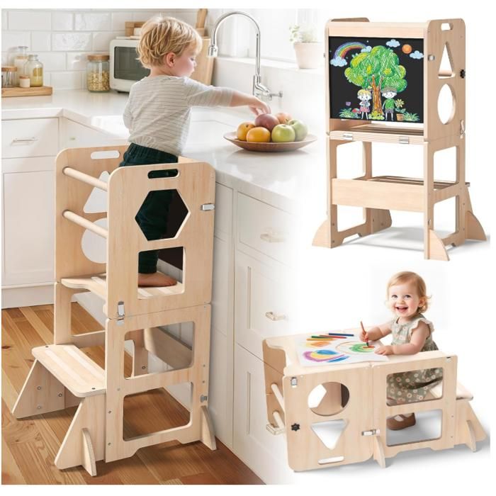 Tour dapprentissage 4 en 1 Tour d Observation Enfant Pliable avec Tableau Noir Tabouret de Cuisine en Bois pour Enfants