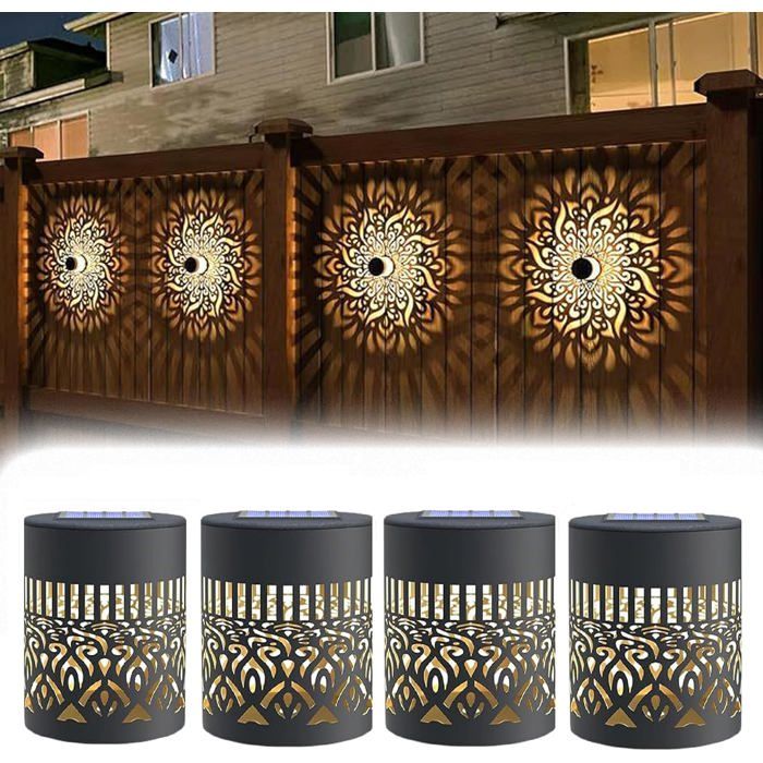 4Pcs Lampes Solaire Clôture Mandala Métal Lampe Solaire Exterieur Jardin Decorative Éclairage Éclairage Mural Énergie Imperméable