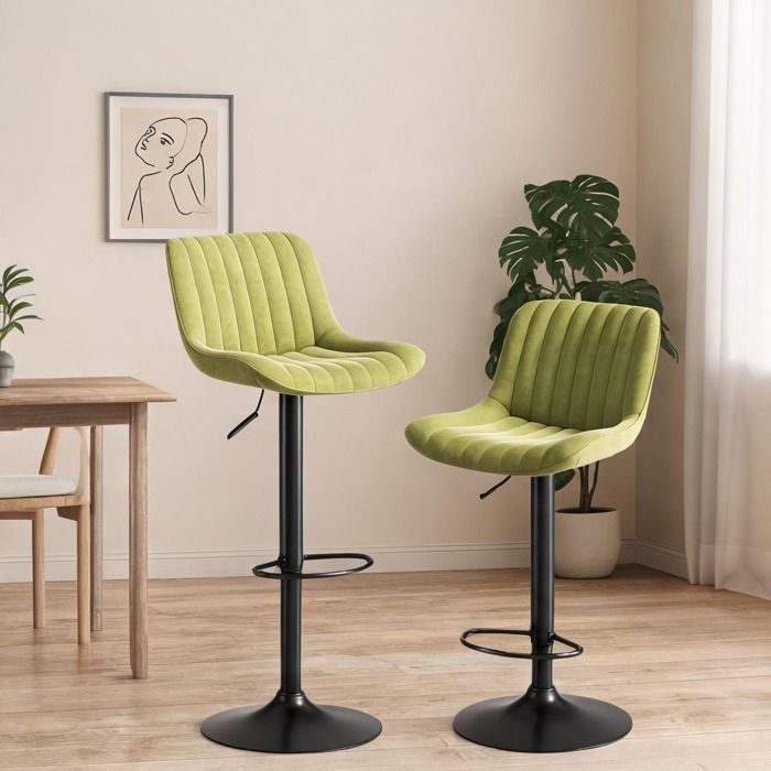 Lot de 2 chaises de bar pivotantes en velours vert classique réglables en hauteur de 87 à 109 cm