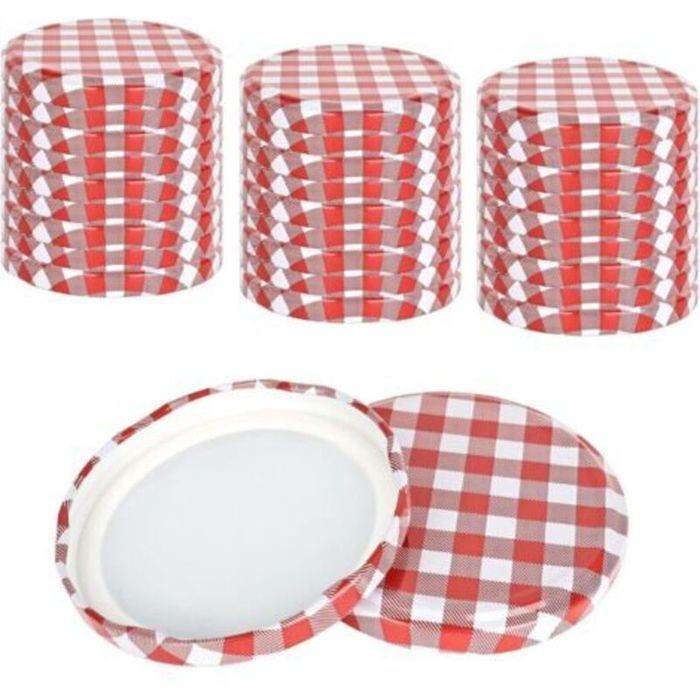 Couvercles à visser pour pots confiture lot 50 diamètre 82 mm motifs carreaux rouge/blanc pour bocaux 230/350/435/565 ml