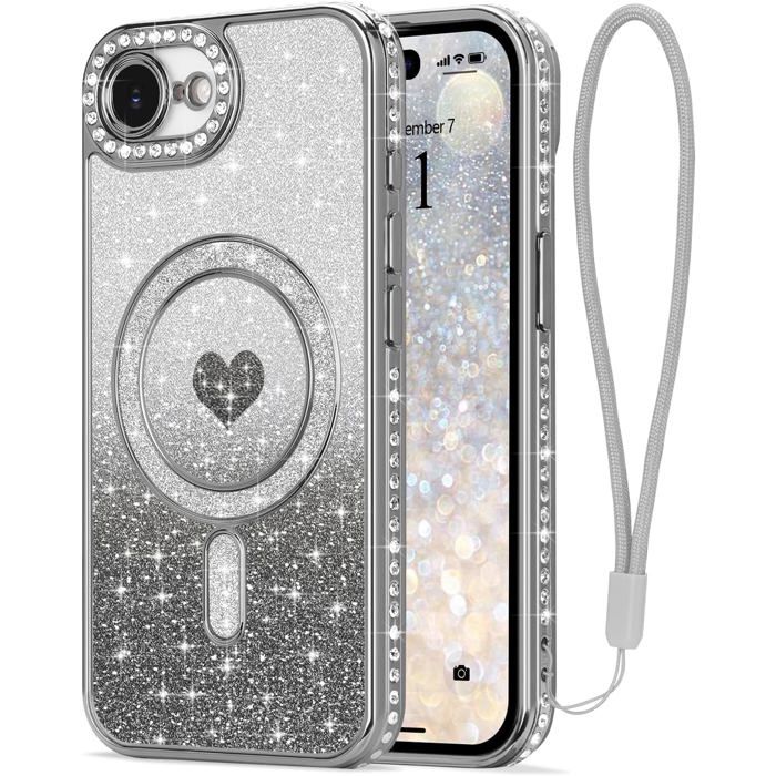 Coque Pour Iphone 17E/16E Glitter Pailletés Carte Et Bracelet Pour Filles Femmes Bling Diamond Raised Lens Protection Coque[CS2645]
