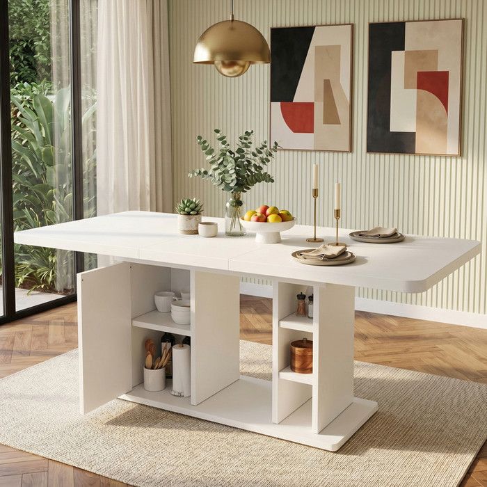 Table à manger extensible 140 - 180x80 cm style scandinave blanc plateau épaissi avec rangement intégrépour 6 à 8 personnes