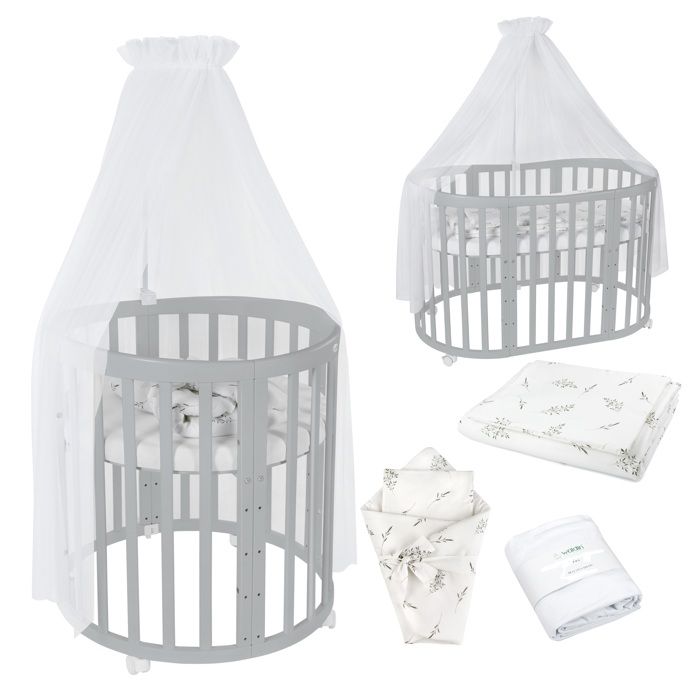 Waldin Lit Bébé Ovale 7en1 Évolutif Matelas - Gris - Ensemble Branches Blanc inclus