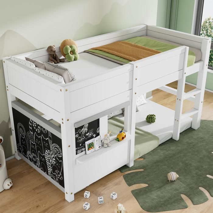 Lit cabane enfant superposé 90 x 200 cm blanc avec tableau noir petite étagère et escalier 3 marches