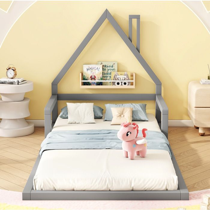 Lit enfant maison 90 x 200 cm plat en pin massif et MDF gris avec sommier a lattes 1 place Grjofek