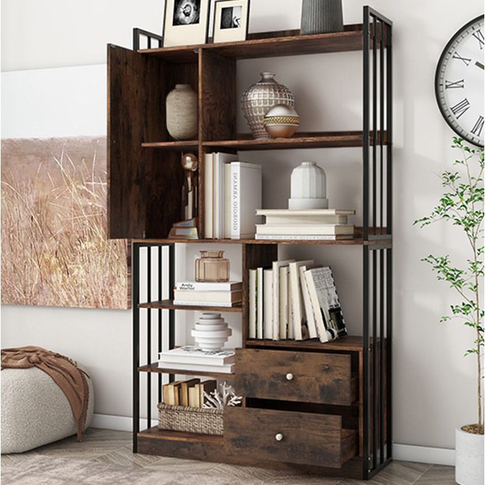 ROVRYN Bibliothèque industrielle 100 x 30 x 173 5 cm 6 étagères avec porte et 2 tiroirs marron et noir