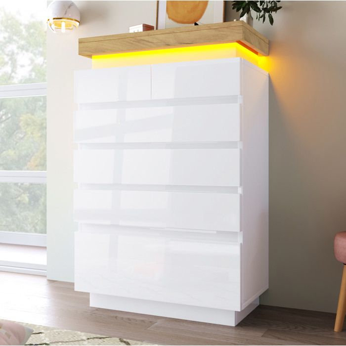 Commode 6 tiroirs meuble rangement LED blanc brillant sans poignées contrôle tactile et application 73x39x115 cm ORVRYN