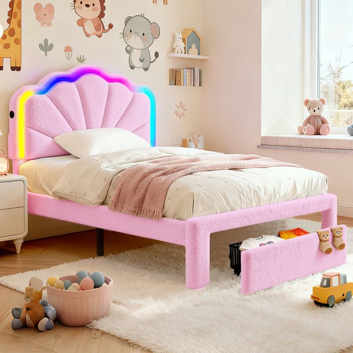Lit 90×200 cm avec lumière LED tête de lit réglable Interface de Chargement tiroir de Rangement et Lattes Velours Teddy Rose