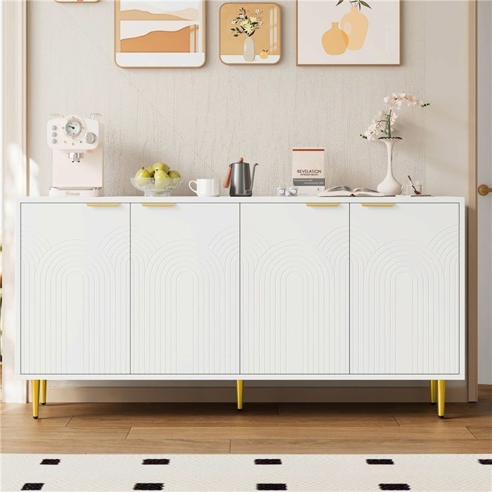 Buffet blanc 160x80x40 cm 4 portes poignées dorées brossées pieds laqués brillant rangement salon séjour design élégant moderne
