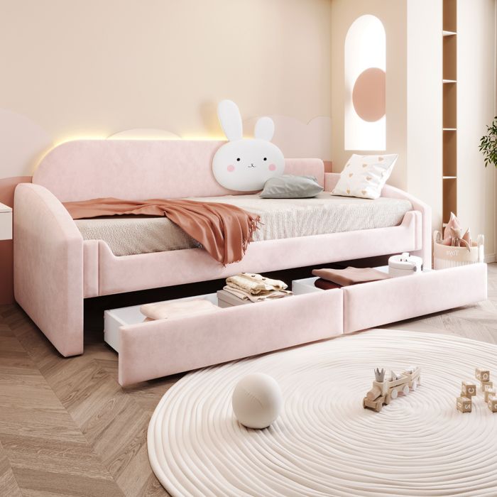 Canapé-lit 90x200 cm lit enfant couchage dappoint rangement LED velours rose