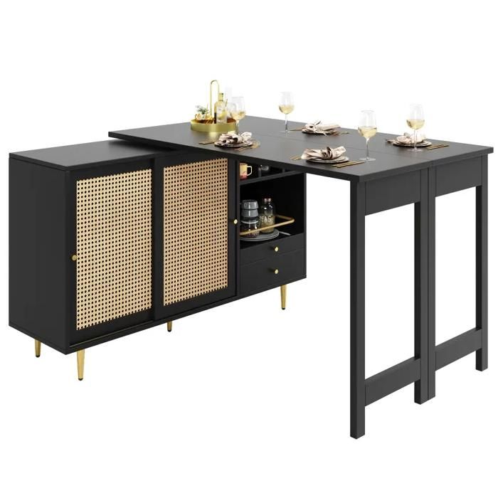 Table haute extensible rotative 360°noirbuffet de rangement avec porte en rotinétagère ouvertebar cuisine salle à manger moderne
